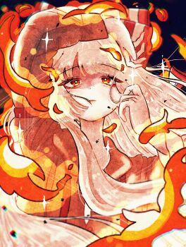 Rule 34 | 1girl, absurdres, bow, commentary, english commentary, fire, fujiwara no mokou, hair bow, hakunemui, highres, long hair, long sleeves, ofuda, ofuda on clothes, red eyes, shirt, solo, suspenders, touhou, upper body, very long hair, white bow, white hair, white shirt