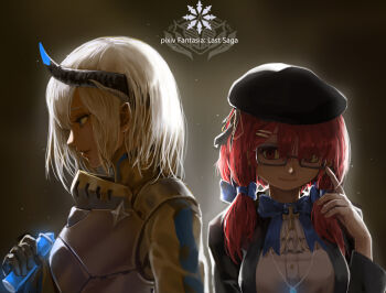 Rule 34 | 2 sensei, 2girls, armor, black hat, blue bow, blue bowtie, bow, bowtie, copyright name, grey background, hair bow, hair ornament, hairclip, hand up, hat, horns, jewelry, multiple girls, necklace, pixiv fantasia, pixiv fantasia last saga, red hair, short hair, short twintails, twintails, upper body, white hair
