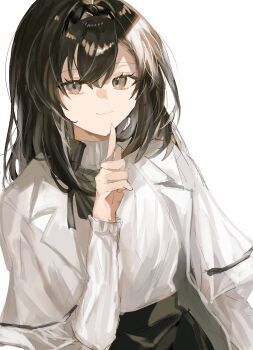 1girl arknights black_bow black_eyes black_hair black_hairband black_skirt bow breasts closed_mouth coat collared_coat commentary_request feet_out_of_frame finger_to_mouth fumi_(rdbm) hairband highres index_finger_raised lab_coat long_hair long_sleeves looking_at_viewer medium_breasts medium_hair priestess_(arknights) shirt shushing simple_background skirt smile solo sweater turtleneck white_background white_coat white_sweater