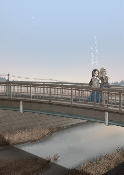 2girls blonde_hair blue_shirt blue_skirt blue_sky blunt_ends bridge brown_coat brown_hair camisole clear_sky closed_mouth coat commentary_request denim denim_shorts facing_ahead flipped_hair fur-trimmed_coat fur_trim gakuen_idolmaster grass hair_ornament hairclip hand_on_own_chest highres idolmaster kuramoto_china laurels leaf_hair_ornament long_hair long_skirt looking_at_another looking_to_the_side multiple_girls open_clothes open_coat open_mouth outdoors parallel_hairclips parted_bangs power_lines railing river satomura_kyou scenery shinosawa_hiro shirt shoes shorts sidelighting skirt sky smile translation_request utility_pole walking white_camisole white_coat white_shoes wide_shot