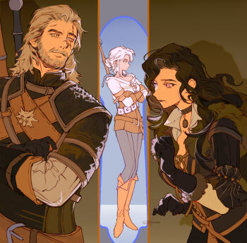 Rule 34 | 1boy, 2girls, beard, brown gloves, choker, ciri, crossed arms, facial hair, facial scar, full body, geralt of rivia, gloves, highres, leather, leather gloves, leather pants, long hair, looking at another, mole, mole under mouth, multiple girls, pants, pendant choker, scar, scar across eye, scar on cheek, scar on face, sword, sword on back, the witcher (series), the witcher 3, weapon, weapon on back, white hair, witcher medallion, yennefer of vengerberg, yuji (fantasia)