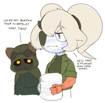 1boy 1girl animal_ears blue_eyes camouflage can crossover cyborg eyepatch flat_color gas_mask jacket lagalamel league_of_legends mask mechanical_arms metal_gear_(series) metal_gear_solid parody poppy_(league_of_legends) single_mechanical_arm tagme teemo white_background white_hair yordle