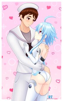 1boy 1girl absurdres ahoge ass bare_shoulders blue_hair blush breasts brown_eyes brown_hair choujigen_game_neptune compile_heart diamondtierart elbow_gloves from_behind gloves hat highres hug idea_factory leotard neptune_(series) oc_x_canon original pants red_eyes sailor short_hair short_hair_with_long_locks sideboob smile thighhighs white_heart_(neptunia)