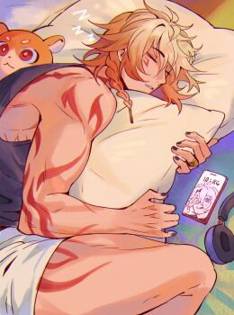 1boy arm_tattoo black_tank_top blonde_hair braid cellphone closed_eyes commentary dadadabibadum english_commentary facial_tattoo gradient_hair highres honkai:_star_rail honkai_(series) hugging_object leg_tattoo lying male_focus medium_hair multicolored_hair mydei_(fig_stew)_(honkai:_star_rail) mydei_(honkai:_star_rail) on_back on_side phainon_(honkai:_star_rail) phone pillow pillow_hug red_hair red_tattoo shorts side_braid sleeping smartphone solo stuffed_toy tank_top tattoo toned toned_male white_shorts zzz