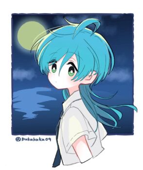Rule 34 | 1boy, aged down, ahoge, black necktie, blue hair, border, closed mouth, cloud, collared shirt, commentary, cropped torso, ensemble stars!, full moon, green eyes, hair between eyes, highres, long hair, looking at viewer, looking back, male focus, mani (pukakaka09), moon, necktie, night, ocean, official alternate hair length, official alternate hairstyle, outside border, shinkai kanata, shirt, short sleeves, solo, twitter username, untranslatable commentary, white border, white shirt, wide-eyed, wolf cut
