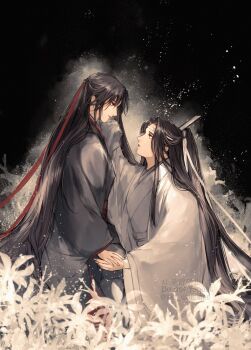 Rule 34 | 2boys, aki uzuzame, bishounen, black background, black hair, black hanfu, chinese clothes, commentary request, couple, eye contact, field, flower, flower field, from side, grey eyes, hair down, hair ribbon, half updo, hanfu, headband, high ponytail, highres, holding hands, lan wangji, leaf, light particles, long hair, long sleeves, looking at another, male focus, modao zushi, multiple boys, night, official alternate hairstyle, outdoors, parted lips, ponytail, profile, red ribbon, red sash, ribbon, robe, sash, sidelocks, sitting, sky, smile, standing, very long hair, wei wuxian, wei wuxian (yiling laozu), white flower, white hanfu, white headband, white sash, wide sleeves, xiao guan (headdress), yaoi, yellow eyes