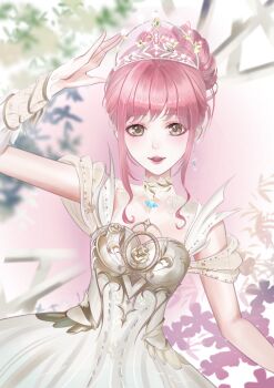 Rule 34 | 1girl, absurdres, armor, bare shoulders, breastplate, breasts, brown eyes, chinese commentary, cleavage, collar, collarbone, commentary, commentary request, cowboy shot, detached collar, dress, earrings, english commentary, eyelashes, eyeshadow, feather-trimmed sleeves, feather earrings, feathers, floral background, frilled arm warmers, hair bun, hand on own head, happy, high collar, highres, infinity nikki, jewelry, lace arm warmers, lace collar, light blush, lipstick, makeup, melody bloom (infinity nikki), mixed-language commentary, nikki (nikki), nikki (series), nostrils, off-shoulder dress, off shoulder, open mouth, pink background, pink eyeshadow, pink hair, pink lips, pleated sleeves, see-through clothes, see-through sleeves, short hair with long locks, short sleeves, sidelocks, single hair bun, smile, solo, standing, tangyuzi97062, teeth, tiara, two-tone background, updo, upper teeth only, wavy hair, white arm warmers, white background, white collar, white dress