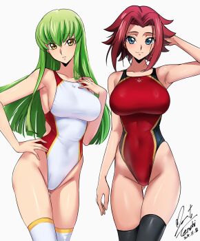 2girls absurdres arm_at_side arm_behind_head arm_up armpits ass bare_arms bare_shoulders black_thighhighs blue_eyes blush breasts c.c. closed_mouth code_geass commentary_request competition_swimsuit covered_navel cowboy_shot dated flipped_hair gluteal_fold green_hair groin hair_intakes hand_on_own_hip highleg highleg_one-piece_swimsuit highres kouzuki_kallen large_breasts long_hair looking_at_viewer multiple_girls one-piece_swimsuit red_hair red_one-piece_swimsuit revision short_hair sidelocks signature simple_background smile standing swimsuit thigh_gap thighhighs white_background white_one-piece_swimsuit white_thighhighs yellow_eyes yoo_tenchi