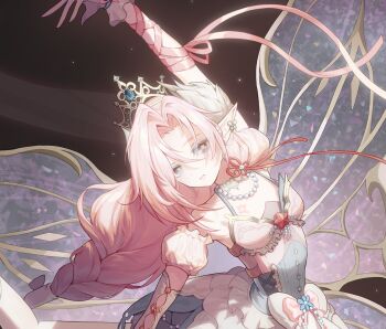 1girl :| arched_back arm_ribbon arm_up ballet black_background blue_corset blue_eyes bow braid breasts bright_pupils brooch butterfly-shaped_pupils butterfly_earrings butterfly_facial_mark butterfly_tattoo butterfly_wings chest_tattoo choker circle_facial_mark closed_mouth colored_eyelashes commentary corset cropped curtained_hair d_yoong dancing detached_sleeves dress earrings expressionless facial_mark fairy flower_knot frills gloves gold_tiara hair_between_eyes hair_tubes halter_dress halterneck highres insect_wings iridescent iridescent_wings jewelry lace lace_choker layered_dress light_particles long_bangs long_hair looking_at_viewer low-braided_long_hair low-tied_long_hair mark_under_eye mismatched_eyelashes multicolored_eyes necklace original pearl_necklace pink_bow pink_hair pink_ribbon pink_tattoo pointy_ears puffy_detached_sleeves puffy_sleeves red_eyes ribbon short_sleeves single_hair_tube small_breasts symbol-shaped_pupils tattoo tiara tutu two-tone_eyes underbust waist_bow white_bow white_choker white_gloves wings yellow_pupils