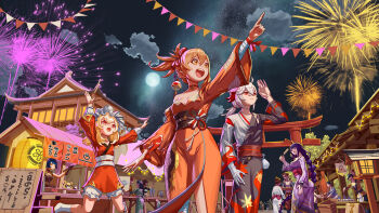 6+boys 6+girls ahoge alternate_costume architecture ass back_bow baeksen blonde_hair blue_eyes blunt_bangs bow braid breasts chinese_clothes cleavage cloud cloudy_sky east_asian_architecture fireworks from_side genshin_impact glowing grey_hair guoba_(genshin_impact) hair_between_eyes hair_ornament high_ponytail highres huge_ass inazuma_city japanese_clothes kaedehara_kazuha kimono klee_(genshin_impact) large_breasts long_braid low_ponytail medium_breasts mixed-language_commentary moon moonlight multicolored_hair multiple_boys multiple_girls night open_mouth orange_eyes orange_hair orange_kimono ponytail purple_eyes purple_hair purple_kimono raiden_shogun red_eyes red_kimono red_sash sash shade single_braid sky star_(sky) starry_sky streaked_hair summer_festival xiangling_(genshin_impact) yoimiya_(genshin_impact)
