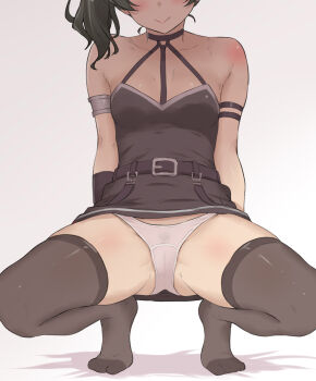 1girl absurdres air41 arm_strap bare_shoulders black_choker black_dress black_gloves black_thighhighs breasts cameltoe choker closed_mouth dress elbow_gloves female_pubic_hair gloves green_hair hashtag-only_commentary head_out_of_frame highres long_hair panties pubic_hair see-through_clothes see-through_panties side_ponytail simple_background single_elbow_glove small_breasts smile solo sousou_no_frieren squatting thighhighs ubel_(sousou_no_frieren) underwear white_panties