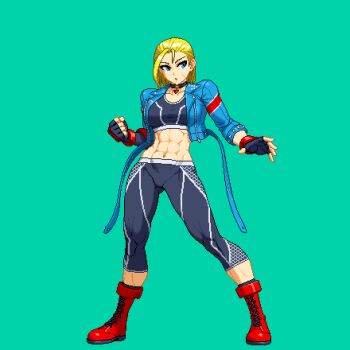 1girl abs aoi_ship black_gloves blonde_hair blue_eyes blue_jacket boots breasts cammy_white choker cropped_jacket facial_scar fingerless_gloves full_body gloves green_background hair_pulled_back jacket medium_breasts muscular muscular_female navel pants pixel_art red_boots scar scar_on_cheek scar_on_face solo standing street_fighter variant_set