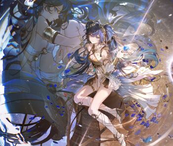 1girl ahoge ancient_greek_clothes armlet bai_qi-qsr black_skirt blue_eyes blue_hair blue_petals breasts chinese_commentary cleavage closed_mouth commentary_request different_reflection gladiator_sandals gold_bra greco-roman_clothes hair_belt hand_up head_wreath iuno_(wuthering_waves) jewelry long_hair looking_at_viewer medium_breasts miniskirt orb reflection ripples sandals showgirl_skirt sitting skirt smile solo thighlet thighs twintails very_long_hair water wuthering_waves yokozuwari