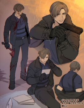 Rule 34 | 1boy, absurdres, axe, black gloves, black jacket, blonde hair, blood, commentary request, dbox 2525, gloves, gun, handgun, highres, holding, holding gun, holding weapon, jacket, kbp instrument design bureau, leon s. kennedy, low bore axis revolver, male focus, open clothes, open jacket, resident evil, resident evil requiem, revolver, rifle-caliber handgun, rifle-caliber revolver, rsh-12, solo, weapon