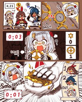 >_< ...? 1boy 2girls :d ? ^^^ ^_^ absurdres amber_(genshin_impact) antenna_hair armor armored_dress ascot blue_eyes blue_hair blunt_bangs braid braided_bangs brown_eyes brown_hair cape closed_eyes commentary cropped_jacket crossed_bangs crushing dark-skinned_male dark_skin dress earrings english_commentary english_text enpitsu01 eyepatch flower flying_sweatdrops fur-trimmed_cape fur_trim gauntlets gears genshin_impact gloves goggles green_eyes grey_hair hair_between_eyes hair_flower hair_ornament hair_ribbon hand_on_own_head highres hood hooded_jacket jacket jewelry kaeya_(genshin_impact) long_hair maid_headdress medal mixed-language_commentary multiple_girls noelle_(genshin_impact) notice_lines open_mouth puff_of_air ranking red_ascot red_flower red_jacket red_ribbon red_rose ribbon rose shaking short_hair shoulder_armor shrug_(clothing) single_earring smile smug spoken_character sweatdrop timer trembling triangle_mouth white_gloves