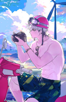 1boy alternate_costume black_hair blue_sky camera cloud commentary eunho_(plave) eyewear_hang from_side goggles goggles_on_head helmet highres holding holding_camera horizon jewelry k-pop korean_commentary male_focus moped motor_vehicle multicolored_hair necklace ocean outdoors plave rjduf666 short_hair shorts sky solo sunglasses topless_male two-tone_hair unworn_eyewear white_hair