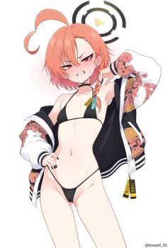 1girl absurdres ahoge bikini black_bikini black_choker black_halo black_nails blue_archive blush cameltoe choker clenched_teeth covered_erect_nipples cowboy_shot earrings fingernails floral_print_jacket halo hand_on_own_hip highres jacket jewelry loli long_fingernails long_sleeves mole mole_under_each_eye mole_under_eye multiple_moles navel neru_(blue_archive) nose_blush open_clothes open_jacket orange_hair red_eyes roswell_ss simple_background solo stomach stud_earrings swimsuit teeth white_background