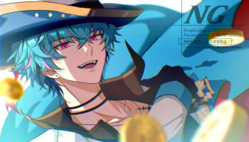 Rule 34 | 1boy, alternate costume, blue hair, brant (wuthering waves), chromatic aberration, commentary, english commentary, hair between eyes, highres, looking at viewer, male focus, multicolored hair, open clothes, open mouth, open shirt, pink eyes, portrait, sae naiyatsu, short hair, smile, solo, streaked hair, tacet mark (wuthering waves), wuthering waves