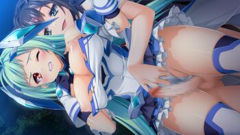 1futa 1girl aqua_eyes aqua_hair black_gloves black_hair blue_eyes blush breasts breasts_out censored chest_jewel clenched_teeth clothing_aside dutch_angle exs-tia_aqua floating_headgear frilled_skirt frills futa_with_female futanari futasub game_cg gloved_handjob gloves gluteal_fold green_hair handjob headgear hetero josou_seme kamitsurugi_ouka kouyoku_senki_exs-tia_concert kunijima_chiaki large_breasts leotard long_hair magical_girl mosaic_censoring night nipples non-web_source official_art one_eye_closed open_mouth outdoors penis precum reach-around red_eyes shiny_skin short_hair skirt smile sweat teeth thighhighs torn_clothes torn_skirt variant_set very_long_hair wauri_(exs-tia_concert) wince