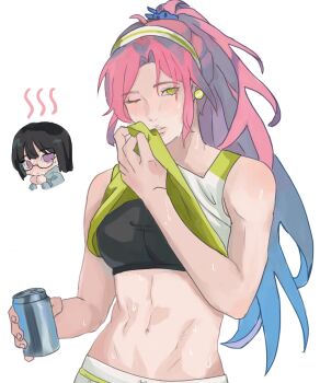 2girls @_@ alien_stage black_hair black_sports_bra blue_hair blue_scrunchie blush breasts clothes_lift commentary cup earrings english_commentary full-face_blush glasses gradient_hair green_eyes green_hairband grey_hoodie hair_ornament hair_scrunchie hairband high_ponytail highres holding holding_cup hood hoodie jewelry long_hair mizi_(alien_stage) multicolored_hair multiple_girls navel official_alternate_costume one_eye_closed pannpanboo parted_lips pink_hair ponytail purple_eyes scrunchie shirt_lift solo_focus sphere_earrings sports_bra sportswear stomach striped_clothes striped_hairband sua_(alien_stage) tennis_uniform two-tone_hair very_long_hair white_hairband wiping_face yuri