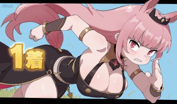 1girl animal_ears armlet bare_shoulders bent_over black_dress blush breasts cleavage clenched_teeth commentary dress english_commentary fruithead grass highres hololive hololive_english horse_ears horse_girl horse_tail jewelry kemonomimi_mode large_breasts long_hair looking_at_viewer mori_calliope mori_calliope_(1st_costume) pink_hair red_eyes running signature solo sparkle tail teeth tiara umamusume virtual_youtuber