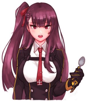 1girl black_gloves black_jacket chest_belt collared_shirt eonsang girls'_frontline gloves hair_ribbon hand_up holding holding_spoon jacket long_hair long_sleeves necktie one_side_up open_mouth purple_hair red_eyes red_necktie red_ribbon ribbon shirt simple_background solo spoon teeth upper_teeth_only very_long_hair wa2000_(girls'_frontline) white_background white_shirt