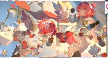 2girls angel_wings black_gloves blue_eyes dress flower gloves hair_between_eyes hair_flower hair_ornament hair_over_one_eye highres honkai:_star_rail honkai_(series) liulianjingrua multiple_girls open_mouth red_hair short_hair smile tribbie_(honkai:_star_rail) white_dress wings