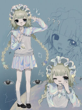 1girl absurdres biting biting_finger black_shoes blonde_hair braid frilled_hairband frilled_shirt_collar frills hairband hand_up hayu_(hayu0305) highres holding long_hair miniskirt multiple_views one_eye_closed original pleated_skirt shirt shoes skirt socks standing sweater_vest twin_braids very_long_hair