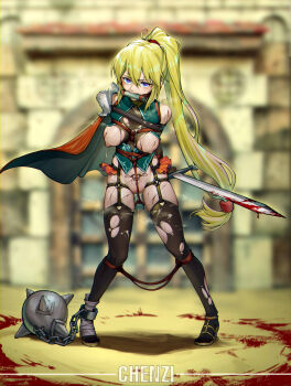 Rule 34 | 1girl, absurdres, arena, arms behind back, ball and chain restraint, bdsm, bit gag, black thighhighs, blonde hair, blood, blue eyes, bondage, bound, breasts, chen zi, cuffs, cum, cumdrip, cuts, gag, gagged, garter straps, highres, holding, holding sword, holding weapon, injury, lactation, large breasts, long hair, looking at viewer, nipples, object insertion, original, ponytail, pubic tattoo, sex toy, shackles, shibari, side cape, solo, standing, sword, tattoo, thighhighs, torn clothes, vaginal, vaginal object insertion, vibrator, weapon