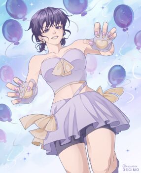 1girl :d balloon black_hair black_shorts breasts cleavage fingerless_gloves from_behind gloves grin han_sooyoung highres looking_at_viewer midriff nadardoh omniscient_reader&#039;s_viewpoint open_mouth paw_print purple_eyes purple_gloves purple_skirt purple_theme short_hair shorts skirt smile solo sparkle strapless tube_top two_side_up