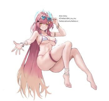 1girl aemeath_(wuthering_waves) ahoge aimu_(angry9565) artist_name bare_shoulders barefoot bikini breasts chinese_commentary collarbone commentary_request feet fingernails full_body gradient_hair hair_ornament heart heart-shaped_eyewear highres large_breasts long_hair looking_at_viewer multicolored_hair navel offering_hand orange_eyes orange_hair parted_lips pink_hair ponytail simple_background smile solo star-shaped_pupils star_(symbol) stomach sunglasses swimsuit symbol-shaped_pupils thigh_strap thighs toes very_long_hair white_background white_bikini wuthering_waves