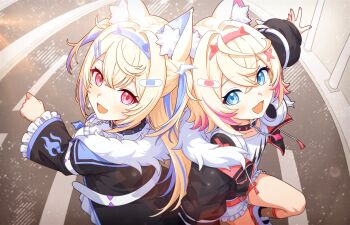Rule 34 | 2girls, animal ear fluff, animal ears, black coat, black collar, black jacket, blonde hair, blue eyes, blue hair, blue hairband, blush, breasts, coat, collar, dog ears, dog girl, dress, from above, fuwawa abyssgard, fuwawa abyssgard (1st costume), hairband, hashtag-only commentary, headphones, headphones around neck, hololive, hololive english, jacket, large breasts, long hair, looking at viewer, mococo abyssgard, mococo abyssgard (1st costume), multicolored hair, multiple girls, open mouth, pink eyes, pink hair, pink hairband, samess 333, shirt, short hair, shorts, siblings, sisters, smile, streaked hair, twins, two-sided fabric, two-tone hair, virtual youtuber, white dress, white shirt, white shorts