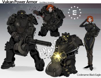 1girl absurdres american_flag armor blood enclave_(fallout) english_text fallout fallout_76 firing gatling_gun helmet highres ho-uja holding holding_unworn_helmet jumpsuit minigun orange_hair power_armor salute short_hair solo sound_effects unworn_headwear unworn_helmet