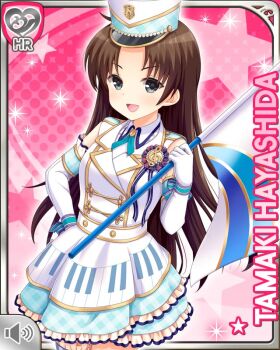 1girl :d black_eyes bow bowtie brown_hair card_(medium) character_name girlfriend_(kari) hayashida_tamaki jacket long_hair looking_at_viewer official_art open_mouth pink_background plaid_clothes plaid_skirt pleated_skirt qp:flapper raised_inner_eyebrows shirt skirt smile solo white_shirt