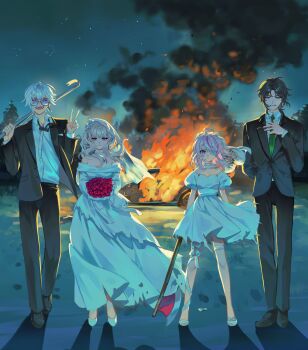 2boys 2girls ^_^ absurdres ahoge alternate_costume arm_behind_back arson axe backlighting bare_shoulders battle_axe black_bow black_bowtie black_hair black_jacket black_pants black_shoes blazer bouquet bow bowtie breasts bridal_veil burning car choker closed_eyes closed_mouth collarbone collared_shirt crowbar dress earrings empty_eyes expressionless eyepatch fire floating_hair flower footwear_bow forest formal_clothes frown full_body grass green_necktie grin hair_between_eyes hair_flower hair_ornament hand_on_own_chest heart heart_ahoge highres holding holding_bouquet holding_crowbar jacket jewelry kaelix_debonair lapels leg_ribbon long_dress long_hair long_sleeves looking_at_viewer loose_bowtie maria_marionette medical_eyepatch medium_breasts medium_hair middle_part motor_vehicle multiple_boys multiple_girls nature necklace necktie night nijisanji nijisanji_en off-shoulder_dress off_shoulder one_eye_covered open_clothes open_collar open_jacket open_mouth outdoors pants papercider parted_bangs pearl_necklace pink_eyes pink_flower pink_hair pink_rose pink_streaks puffy_short_sleeves puffy_sleeves purple_eyes purple_streaks reimu_endou ribbon rose shirt shoes short_dress short_hair short_sleeves single_earring smile smoke standing star_(sky) suit thigh_strap torn_clothes torn_dress twitter_username v veil virtual_youtuber walking weapon wedding_dress white_bow white_choker white_dress white_flower white_hair white_ribbon white_shirt white_shoes white_veil wind wolf_cut zeal_ginjoka