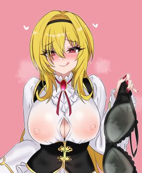 1girl :q black_hairband blonde_hair bra breasts bright_pupils button_gap covered_erect_nipples fingernails hairband heart highres hiroshi_(01kanata) holding holding_bra holding_underwear holding_unworn_clothes idolmaster idolmaster_cinderella_girls kurosaki_chitose large_breasts long_hair long_sleeves looking_at_viewer nail_polish pink_background red_eyes red_nails removing_bra_under_shirt shirt simple_background smile solo steaming_body tongue tongue_out underwear unworn_bra upper_body very_long_hair white_pupils white_shirt