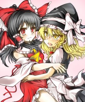 2girls apron ascot back_bow black_hair black_hat black_skirt black_vest blonde_hair blush bow braid commentary_request detached_sleeves frilled_bow frilled_hair_tubes frilled_skirt frills hair_bow hair_tubes hakurei_reimu hat hat_bow highres kirisame_marisa long_hair mirei_(miirei) multiple_girls pink_background red_bow red_skirt side_braid simple_background single_braid skirt skirt_set touhou vest waist_apron white_apron white_bow witch_hat yellow_ascot yellow_eyes yuri