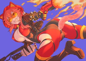Rule 34 | 1girl, :d, animal ears, ass, bell, black boots, black gloves, bodysuit, boots, breasts, butt plug, cat ears, cat tail, clothing cutout, commentary, commission, covered erect nipples, dual wielding, english commentary, fake animal ears, fake tail, fire, flamethrower, flare gun, gloves, goggles, gun, high heel boots, high heels, hip vent, holding, holding flamethrower, holding gun, holding weapon, jacket, large breasts, looking at viewer, looking back, neck bell, one eye closed, open bodysuit, open clothes, open mouth, purple background, puyocha, pyro (tf2), red bodysuit, red hair, red hood, red jacket, red pyro (tf2), sex toy, shoe soles, simple background, smile, solo, spikes, tail, team fortress 2, thigh boots, unfinished, weapon