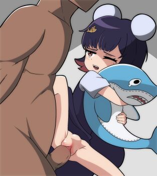 1boy 1girl age_difference aged_down alternate_eye_color black_dress black_hair bottomless brown_eyes clothes_lift dark-skinned_male dark_skin doll dot_nose double_bun dress dress_lift ellen_joe feet_out_of_frame gachacash hair_bun hetero highres hugging_object interracial loli mihoyo mole mole_under_eye multicolored_hair one_eye_closed penis pussy red_hair scared sex sharp_teeth shirt short_hair sitting size_difference sleeveless sleeveless_dress solo_focus teeth tongue two-tone_hair uncensored upper_teeth_only vaginal white_shirt zenless_zone_zero