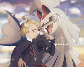 1boy ahoge black_shirt blonde_hair blurry blurry_background closed_mouth commentary_request day gen_7_pokemon gladion_(pokemon) green_eyes hand_up highres hood hood_down hooded_vest hoodie legendary_pokemon long_sleeves looking_at_viewer male_focus nintendo omi_(minminkubi) outdoors pokemon pokemon_(creature) pokemon_sm shirt short_hair silvally smile tassel twitter_username vest