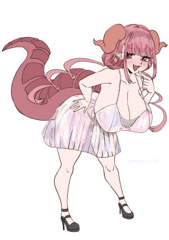1girl absurdres bare_arms bare_shoulders blush breasts cleavage curled_horns dress fang full_body high_heels highres horns huge_breasts ilulu_(maidragon) kobayashi-san_chi_no_maidragon leaning_forward lemonbizate open_mouth pink_dress pink_hair pointy_ears red_eyes simple_background smile solo standing tail twintails white_background