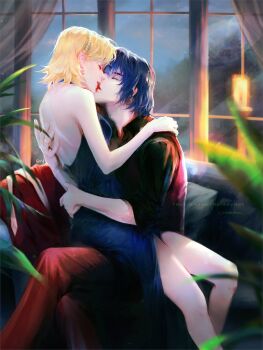 1boy 1girl arm_around_waist artist_name athrun_zala backless_dress backless_outfit bare_arms black_shirt blonde_hair blue_dress blue_hair breasts cagalli_yula_athha center_opening closed_eyes collared_shirt commentary couple dress english_commentary feet_out_of_frame gundam gundam_seed hair_between_eyes halter_dress halterneck hand_on_another's_back hetero highres inhouhou kiss korean_commentary medium_breasts medium_hair mixed-language_commentary pants pearl_hairband plant potted_plant red_pants red_vest shirt sitting sitting_on_lap sitting_on_person twitter_username vest watermark window