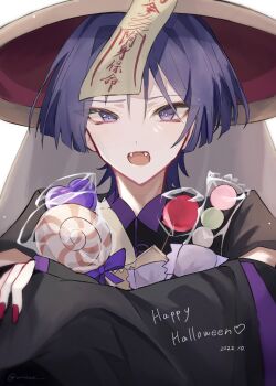 Rule 34 | 1boy, black vest, bow, brown hat, candy, candy apple, collared shirt, commentary request, crossed arms, dango, dated, detached sleeves, english text, fang, fangs, fingernails, food, genshin impact, hair between eyes, hands up, hat, heart, heart-shaped food, heart-shaped lollipop, highres, jingasa, lollipop, long fingernails, long sleeves, looking at viewer, nail polish, open mouth, package, paper, purple bow, purple eyes, purple hair, purple shirt, red hat, red nails, sanshoku dango, scaramouche (genshin impact), shaped lollipop, shirt, short hair, simple background, solo, sweets, tongue, translation request, upper body, v-shaped eyebrows, veil, vest, wagashi, white background, wide sleeves, woinari