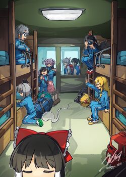 6+girls absurdres alternate_costume animal_ears bag bed black_bag black_hair black_hairband black_wings blonde_hair blue_bag blue_eyes blue_jacket blue_pants bow braid brown_hair bunk_bed camera closed_eyes commentary_request contemporary doggo_1d34 feathered_wings floppy_ears flying_sweatdrops frilled_bow frills fujiwara_no_mokou green_bow grey_hair hair_bow hair_tubes hairband hakurei_reimu hat help_me_erinnnnnn!! highres hitodama holding holding_camera houraisan_kaguya inaba_tewi indoors izayoi_sakuya jacket kirisame_marisa konpaku_youmu konpaku_youmu_(ghost) ladder long_hair medium_hair multiple_girls no_headwear open_mouth pants pom_pom_(clothes) purple_hair rabbit_ears rabbit_girl red_bag red_bow red_eyes red_hat reisen_udongein_inaba school_trip shameimaru_aya shoulder_bag side_braid signature single_braid sitting smile taking_picture tokin_hat touhou track_jacket track_pants twin_braids twitter_username white_bow wings yellow_bag
