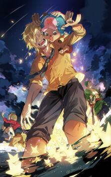 5boys absurdres black_necktie black_pants buttons cloud curly_eyebrows facial_hair goatee highres long_sleeves male_focus monkey_d._luffy multiple_boys mustache_stubble necktie night oboro_keisuke one_piece open_mouth outdoors pants pectorals red_shirt roronoa_zoro running sanji_(one_piece) shirt shooting_star star_(sky) stubble sword tony_tony_chopper usopp wading weapon yellow_shirt