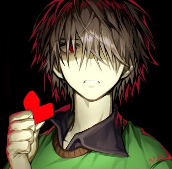 1other 2023 backlighting bags_under_eyes black_background black_shirt brown_hair chromatic_aberration clenched_teeth collarbone collared_shirt commentary deltarune empty_eyes english_commentary film_grain green_sweater hair_over_one_eye hand_up heart highres holding holding_heart kris_(deltarune) looking_at_viewer mary_felizola one_eye_covered open_collar other_focus portrait red_eyes red_soul_(utdr) shaded_face shirt short_hair signature simple_background solo soul_(utdr) spiked_hair sweater teeth utdr_(toby_fox)