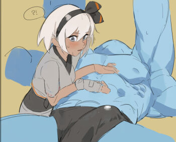!? 1boy 1girl bea_(pokemon) black_bodysuit black_hairband black_shorts blue_skin bodysuit bodysuit_under_clothes bow_hairband bulge colored_skin dark-skinned_female dark_skin erection erection_under_clothes exercising extra_arms gen_1_pokemon gloves grey_eyes grey_hair gym_leader gym_shorts hairband hong_doo machamp muscular muscular_male nervous_sweating nintendo penis_awe pokemon pokemon_(creature) pokemon_swsh pokephilia shirt short_hair shorts side-tie_shirt single_glove sketch spoken_interrobang sweat tied_shirt weightlifting