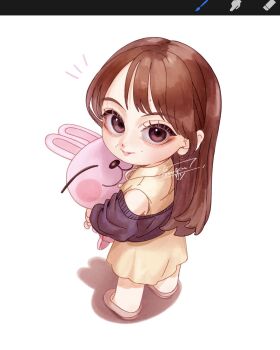 1girl actor art_program_in_frame artist_name bare_shoulders black_jacket brown_dress brown_eyes brown_hair brown_shoes chibi collared_dress commentary_request dress from_above from_behind full_body hands_up highres holding holding_stuffed_toy hugging_doll hugging_object jacket komuzuka long_hair looking_at_viewer looking_back looking_up mole mole_above_mouth nakamura_yukari_(voice_actor) notice_lines off_shoulder open_clothes open_jacket parted_lips real_life shadow shoes signature simple_background sleeveless sleeveless_dress smile solo standing stuffed_animal stuffed_rabbit stuffed_toy white_background