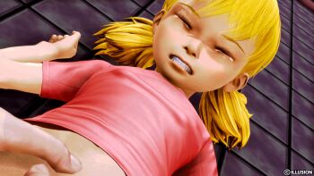 1girl 3d arched_back blonde_hair bouncing_breasts bound breasts breasts_out clenched_teeth fingering flat_chest giggling hanzohatori head_out_of_frame illusion_soft inspector_gadget loli penny_(inspector_gadget) pussy_juice shaking size_difference small_breasts teeth twintails