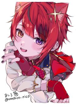 1boy animal_ears black_nails blush commentary dog_ears fingerless_gloves gloves hair_between_eyes heterochromia looking_at_viewer male_focus mashiro_nico open_mouth red_gloves red_hair rinu_(stpri) short_hair simple_background smile solo strawberry_prince teeth tongue twitter_username upper_teeth_only white_background